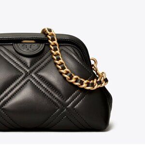 NWT! Tory Burch Fleming Frame Bag -Quilted Crossbody Bag - Small Black Lamb Skin